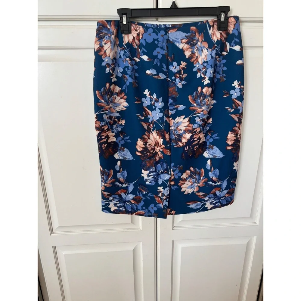 Talots‎ Womens Blue Floral Pencil Skirt Teal Knee Length Career Wear Size 6